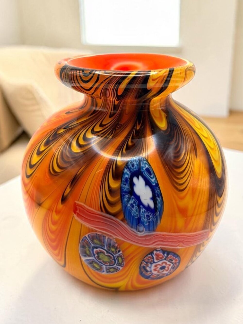 Vintage Murano Toso Art Glass Vase Orange Black Swirl Millefiori Floral 6.5"
